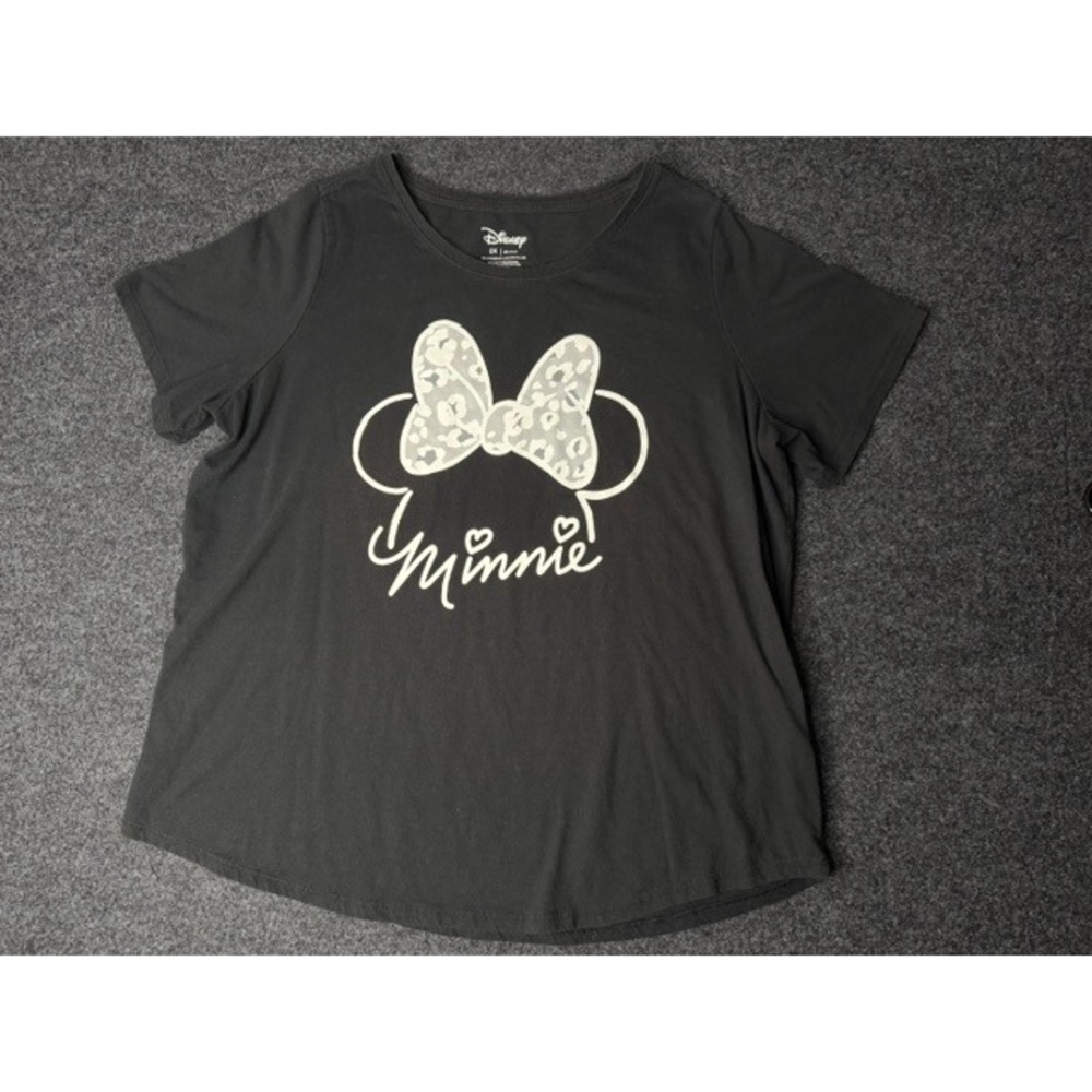 Disney Minnie Mouse Graphic T-Shirt Women 0X Black Leopard Bow Short Sleeve